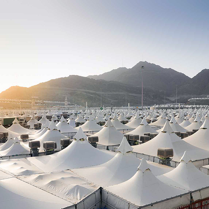 Inside view of a comfortable Mina tent with beds